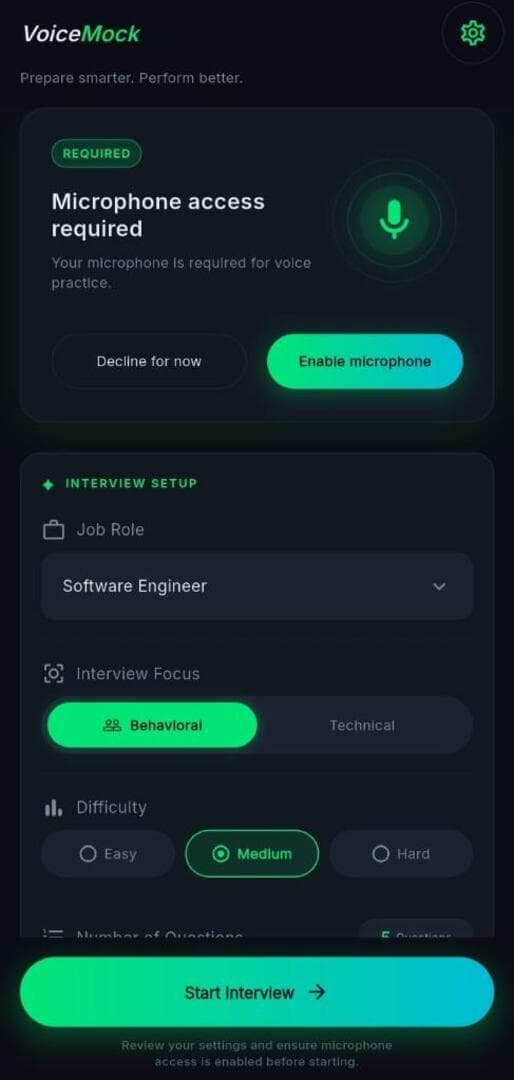 Setup screen